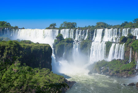 Beautiful aerial view of Iguazu Falls from the helicopter ride, one of the Seven Natural Wonders of the World , Brazilの写真素材