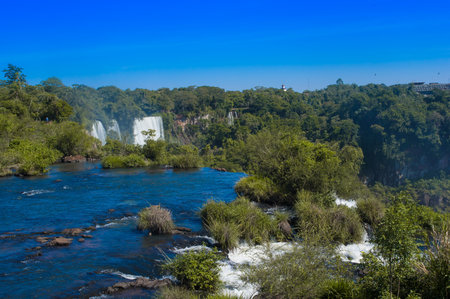 Beautiful aerial view of Iguazu Falls from the helicopter ride, one of the Seven Natural Wonders of the World , Brazilの写真素材