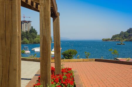 PUCON, CHILE - SEPTEMBER, 23, 2018: Pucon town in central Chile on a blue skies sunny dayのeditorial素材