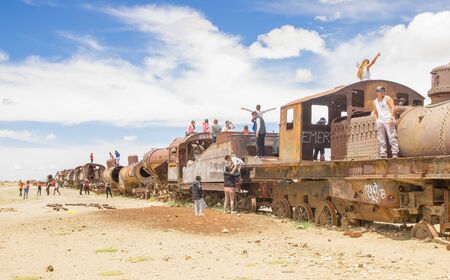 Salar de Uyuni, Uyuni Region, Bolivia - August 7th, 2018: Great Train Graveyard. Train Cemetery in the Bolivian desertのeditorial素材