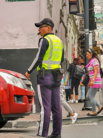 Quito, Ecuador, September 29, 2019: Police guarding the historic centre of Quito, Ecuador.のeditorial素材