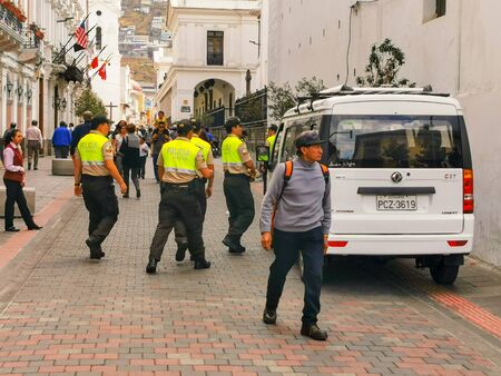 Quito, Ecuador, September 29, 2019: Police guarding the historic centre of Quito, Ecuador.のeditorial素材