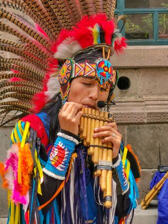 Quito, Ecuador, September 29, 2019: Music indigenous street performers in the historic centre of Quito, Ecuador.のeditorial素材