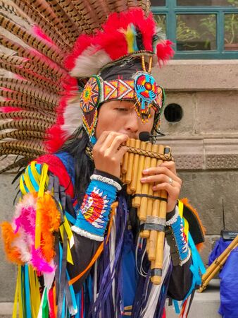 Quito, Ecuador, September 29, 2019: Music indigenous street performers in the historic centre of Quito, Ecuador.のeditorial素材