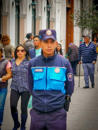 Quito, Ecuador, September 29, 2019: Police guarding the historic centre of Quito, Ecuador.のeditorial素材