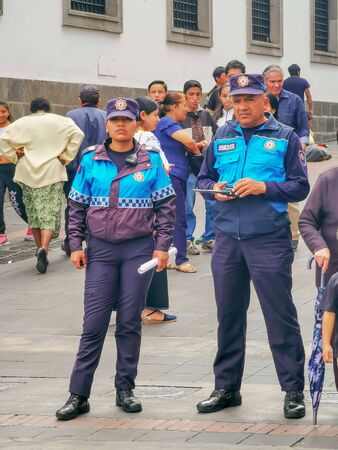 Quito, Ecuador, September 29, 2019: Police guarding the historic centre of Quito, Ecuador.のeditorial素材