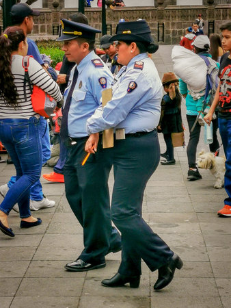 Quito, Ecuador, September 29, 2019: Police guarding the historic centre of Quito, Ecuador.