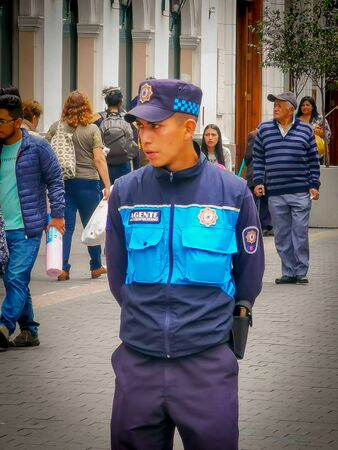 Quito, Ecuador, September 29, 2019: Police guarding the historic centre of Quito.のeditorial素材