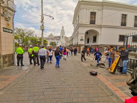 Quito, Ecuador, September 29, 2019: Police guarding the historic centre of Quito.のeditorial素材
