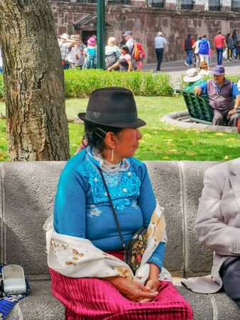 Quito, Ecuador, September 29, 2019: Indigenous person in the historic centre of Quito, Ecuador. Proclaimed by the Unesco.のeditorial素材