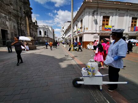 Quito, Ecuador, September 29, 2019: trsaditional ice cream vendor in the historic centre of Quito, Ecuador. Proclaimed by the Unesco.のeditorial素材