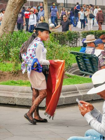 Quito, Ecuador, September 29, 2019: Indigenous person in the historic centre of Quito, Ecuador. Proclaimed by the Unesco.のeditorial素材