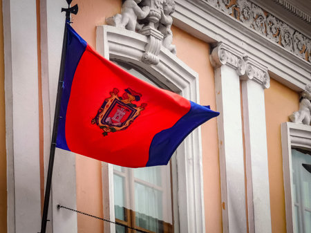 Historic centre of Quito with flags placed in colonial housesの写真素材