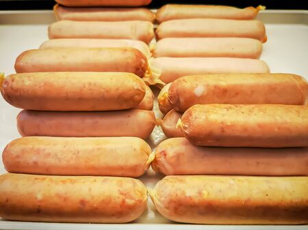 Traditional German sausages in a deli, close up shotの写真素材