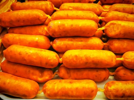 Traditional German sausages in a deli, close up shotの写真素材