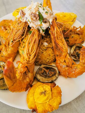 Jumbo prawns and grilled shrimp with rice and coconutの写真素材