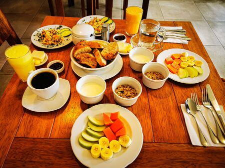 Healthy and Tasty Breakfast for two on a tableの写真素材