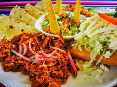 Mexican food mix colorful background, guacamole, cochinita pibil, flautas and quesadillaの写真素材