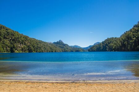 Lago Espejo Grande near Villa la Angostura in Neuquen Province, Argentina. Beautiful sunset on Lago Espejo Grandeの写真素材