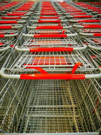 Supermarket Carts. Several rows of supermarket carts. high angle.の写真素材