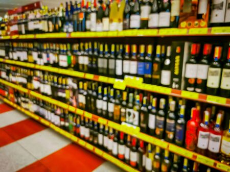 Convenience store shelves interior blur background , Blurred Supermarket shelves.の写真素材