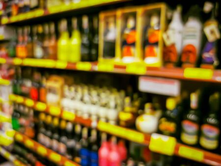 Convenience store shelves interior blur background , Blurred Supermarket shelves.の写真素材