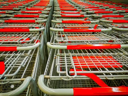 Supermarket Carts. Several rows of supermarket carts. high angle.の写真素材