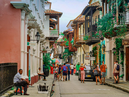 CARTAGENA, COLOMBIA - NOVEMBER 12, 2019: Street vendors in Unesco delared city centre, old townのeditorial素材