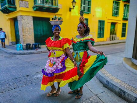 Bogota, Colombia - NOVEMBER 07, 2019: unidentified people in traditional dress in Cartagena de Indias, Colombiaのeditorial素材