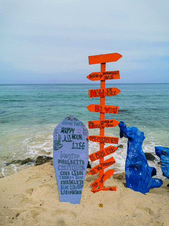 BARU, CARTAGENA, COLOMBIA - NOVEMBER 09, 2019: Sign and View on paradise beach with tourists of Playa Blanca on Island Baruのeditorial素材