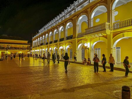 CARTAGENA, COLOMBIA - NOVEMBER 09, 2019: Colorful buildings in a street of the old city of Cartagena Cartagena de Indias in Colombia.のeditorial素材