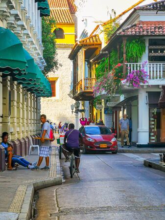 CARTAGENA, COLOMBIA - NOVEMBER 09, 2019: Colorful buildings in a street of the old city of Cartagena Cartagena de Indias in Colombia.のeditorial素材