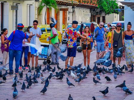 CARTAGENA, COLOMBIA - NOVEMBER 09, 2019: Colorful buildings in a street of the old city of Cartagena Cartagena de Indias in Colombia.のeditorial素材