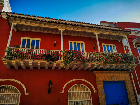 CARTAGENA, COLOMBIA - NOVEMBER 09, 2019: Colorful buildings in a street of the old city of Cartagena Cartagena de Indias in Colombia.のeditorial素材