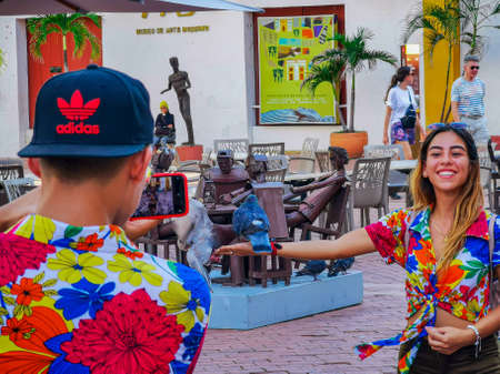 CARTAGENA, COLOMBIA - NOVEMBER 09, 2019: Colorful buildings in a street of the old city of Cartagena Cartagena de Indias in Colombia.のeditorial素材