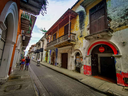 CARTAGENA, COLOMBIA - NOVEMBER 12, 2019: Streets of the colorful historic city centre, which itself is a tourist attraction of Cartagena, Colombia.のeditorial素材