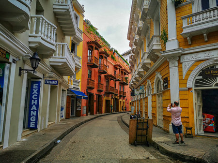 CARTAGENA, COLOMBIA - NOVEMBER 12, 2019: Streets of the colorful historic city centre, which itself is a tourist attraction of Cartagena, Colombiaのeditorial素材