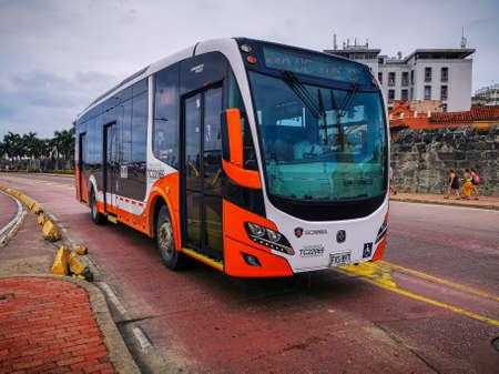 CARTAGENA, COLOMBIA - NOVEMBER 12, 2019: Bus in the colorful historic city centre, which itself is a tourist attraction of Cartagena, Colombiaのeditorial素材