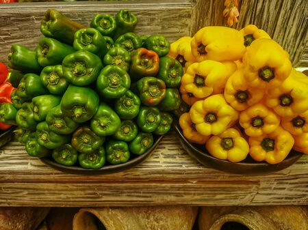 Red and yellow and sweet peppers. Pile, Cooking vegetable saladの写真素材