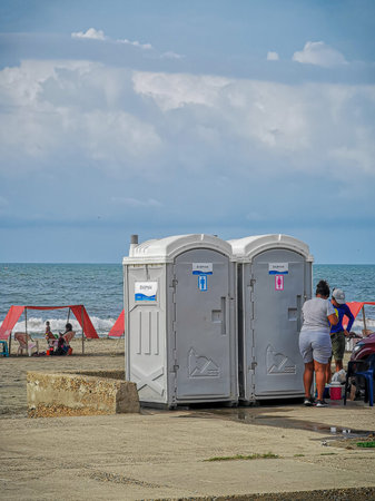 CARTAGENA, COLOMBIA - NOVEMBER 12, 2019: Beach portable bathroom around the city centre, which...