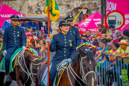 CARTAGENA, COLOMBIA - NOVEMBER 07, 2019: Law enforcment personel at the independece day parade on the streets of Cartagenaのeditorial素材