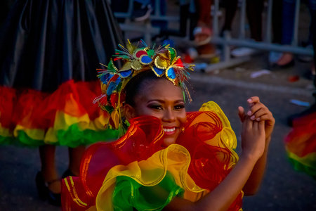 CARTAGENA, COLOMBIA - NOVEMBER 07, 2019: Unidentified people parading in the independece day parade on the streets of Cartagenaのeditorial素材