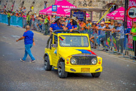 CARTAGENA, COLOMBIA - NOVEMBER 07, 2019: Unidentified people in parade vehicles in the independence day parade on the streets of Cartagenaのeditorial素材