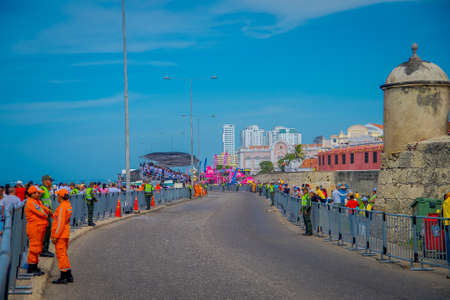 CARTAGENA, COLOMBIA - NOVEMBER 07, 2019: Unidentified people walking towards the independece day parade on the streets of Cartagenaのeditorial素材