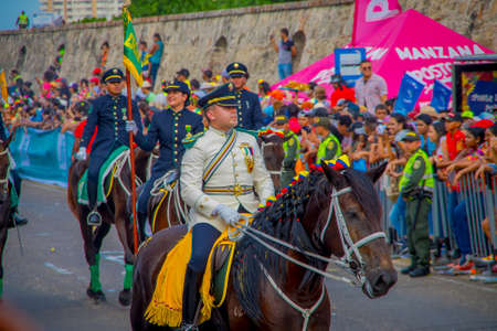 CARTAGENA, COLOMBIA - NOVEMBER 07, 2019: Parader in costume at the independece day parade on the streets of Cartagena.のeditorial素材