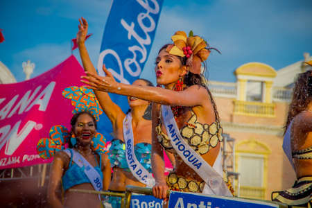CARTAGENA, COLOMBIA - NOVEMBER 07, 2019: Happy beauty queen parading at the independece day parade on the streets of Cartagena.のeditorial素材