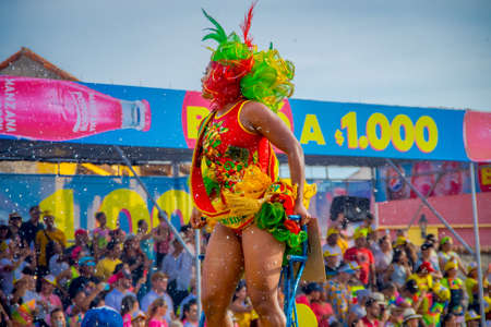 CARTAGENA, COLOMBIA - NOVEMBER 07, 2019: Happy beauty queen parading at the independece day parade on the streets of Cartagena.のeditorial素材
