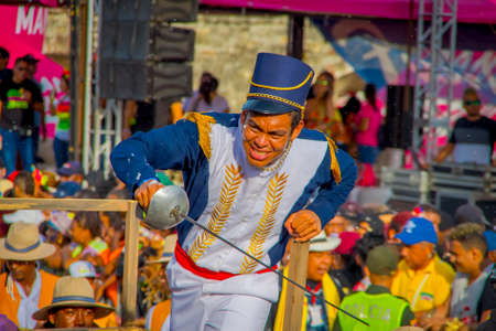 CARTAGENA, COLOMBIA - NOVEMBER 07, 2019: Parader in costume at the independece day parade on the streets of Cartagena.のeditorial素材