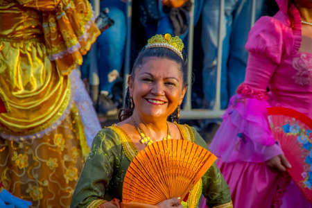 CARTAGENA, COLOMBIA - NOVEMBER 07, 2019: Happy beauty queen parading at the independece day parade on the streets of Cartagenaのeditorial素材