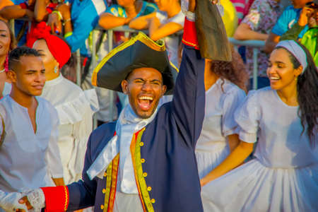 CARTAGENA, COLOMBIA - NOVEMBER 07, 2019: Parader in costume at the independece day parade on the streets of Cartagenaのeditorial素材